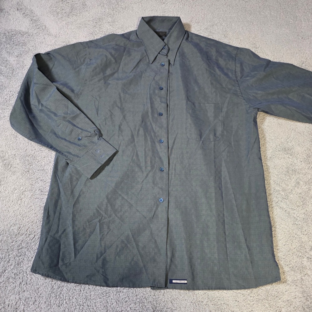 Ted Baker Mens 3 Button Down Shirt Blue Green Textured Grid Long Sleeve Pocket